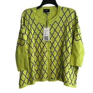 Rondina New York Chartreuse Green and Navy Flowy Ribbon Cardigan Sweater XL NWT